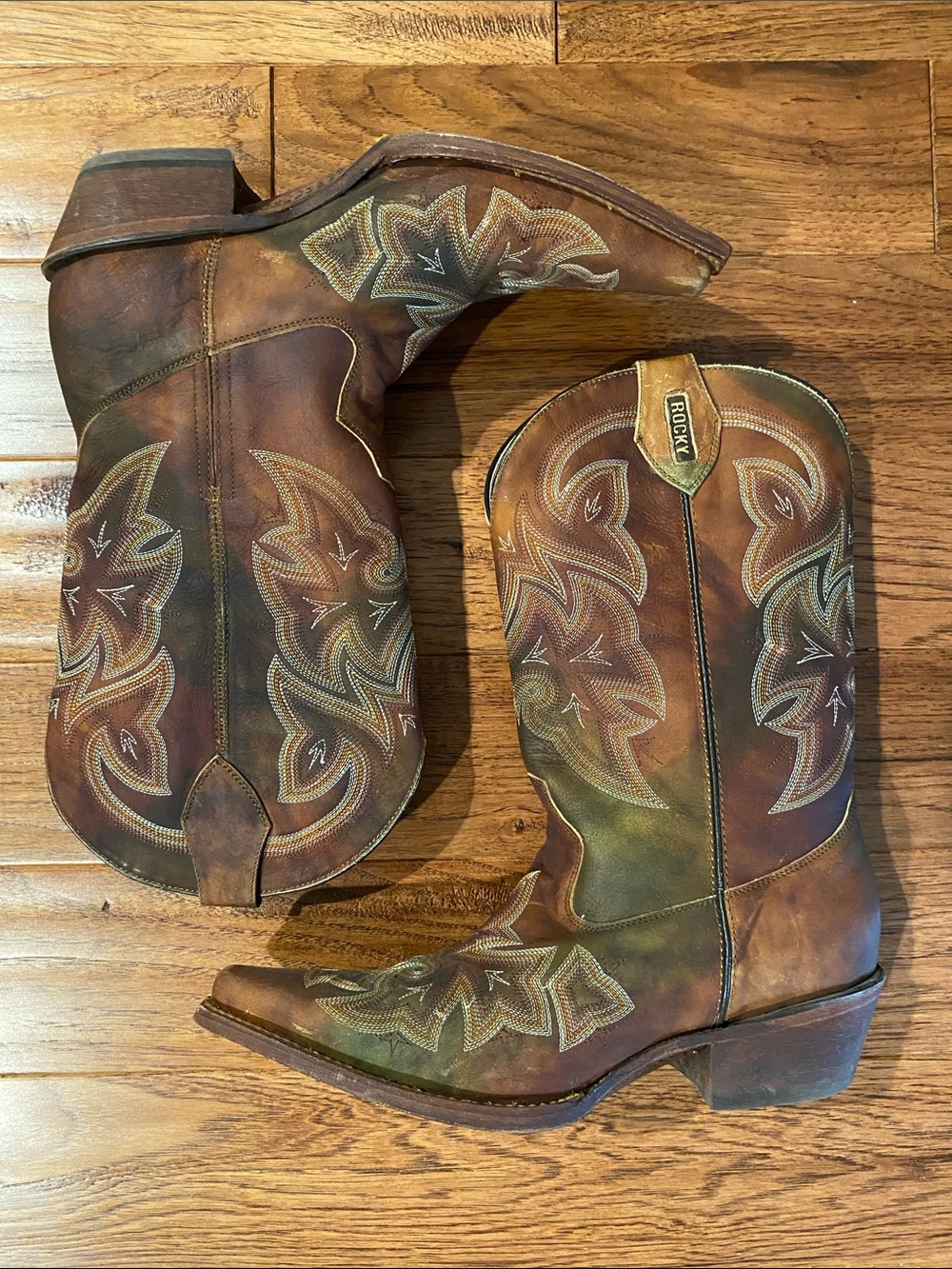Rocky Brown Handmade Leather Western Cowboy Boots with Embroidery